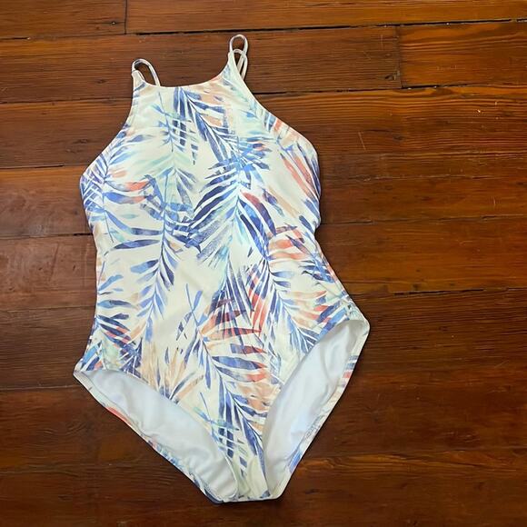 GAP palm leaf pastel print scoop strappy back one piece with pads sz L - Picture 1 of 7